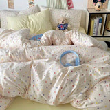 SHOPMOCHO Fashion Floral Duvet Cover Set with Flat Sheet Pillowcase No Filler Girls Twin Full Queen Size Korean Soft Bedding Set