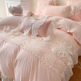 Shopmocho Three-dimensional Embroidery Aesthetic Lace Washed Cotton Quilt Cover Chiffon Soft /Breathable Bed Sheet Bedding Four Piece Set