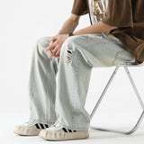 SHOPMOCHO Men's Summer Ripped Jeans Loose Straight Leg Retro Men Draw Rope Port Fashion Brand All-match Casual Pants