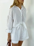 Shopmocho Wolfeel Casual Shorts Sets Striped Jacquard 2 Pieces Cozy Lapel Lantern Sleeve Shirt Summer Outfit Elastic Waist Shorts Suits