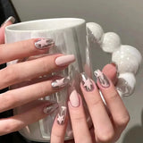 Shopmocho 24Pcs Glitter Diamond Press On Nails Sweet Cute Girl Acrylic Nails Full Cover Short Square Fake Nails Wearable Manicure Nail Tip