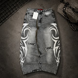 SHOPMOCHO Loose Jeans Women Graffiti Print Baggy Wide Leg Straight Leg Ripped Floor Pants Harajuku Y2k Gothic Unisex Work Denim Pants