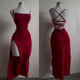 SHOPMOCHO-Sexy Backless Lace Up Long Dress Women Split Sleeveless Bodycon Party Club Evening Dresses High Street Female Suspender Robes