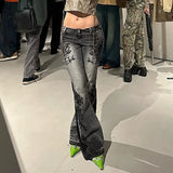 SHOPMOCHO Women's Jeans  New American Retro Street Style Plant Print Washed Vintage Low-Rise Flare Pants Trendy Versatile