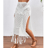 Shopmocho Women Knitted Texture Sarong Skirts Sexy High Slit Tassel Cover-Up Beach Summer Vacation Wrapped Skirt Bikini Cover Up