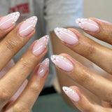 SHOPMOCHO 24pcs White Flower Fake Nail Tips Ins Yellow Pink Blush False Nails Wearable Full Cover European Almond Shaped Press on Nails