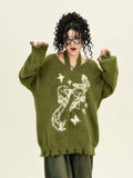 Shopmocho Winter American New Green Bow Neck Sweater Women Loose Print Pattern Vintage High Street Lazy Wind Knitted Sweater