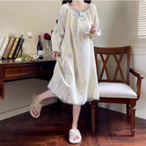 SHOPMOCHO Women Pajamas Dress Princess Style Sweet Long Sleeve Nightdress Round Neck Wide Striped Bow Cute Girly Midi Dress Night Wear
