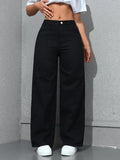 SHOPMOCHO Retro Loose Wide Leg Jeans Fashion Women Solid Straight Wash High Elastic Waist Denim Pants Casual Streetwear Pocket Trousers
