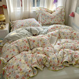 SHOPMOCHO Ruffles Bedding Set Floral Style Duvet Cover Pillowcase with Bedsheet Skin-friendly Bed Linen Set Girls Room Bedclothes 이불세트