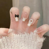 Shopmocho 24Pcs Glitter Diamond Press On Nails Sweet Cute Girl Acrylic Nails Full Cover Short Square Fake Nails Wearable Manicure Nail Tip
