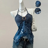 SHOPMOCHO Pink Sexy Spicy Girl Neck Hanging Strap Vest Women's Printed Mesh Splice Slim Fit Bared Chest Top Elegant Commute Style 2026