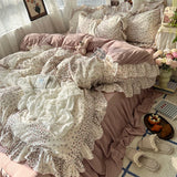 SHOPMOCHO 3/4Pcs Korean Princess Style Floral Ruffles Bedding Set Skin-friendly Soft Duvet Cover Set Bed Sheet Or Bed Skirt Pillowcases