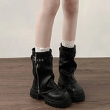 Shopmocho Winter Women Biker Boots Fashion Belt Buckle Ladies Elegant Platform Flats Short Booties Casual Women's Knight Booties