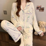 SHOPMOCHO Pink Bow Tie Design Pajamas for Women Long Sleeve Top & Elastic Waist Pants Pajamas Set Harajuku Style Casual New Home Wear