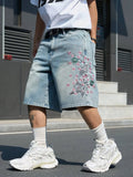 SHOPMOCHO Men's Light Blue Cherry Blossom Embroidered Denim Shorts, Loose Wide-Leg Streetwear Trendy Denim Capris