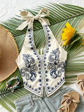 SHOPMOCHO Women Floral Embroidered Halter Top Boho Sleeveless Backless Tie Neck Crop Tank Summer Beach Vacation Camisole