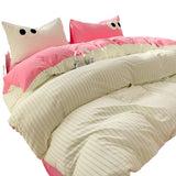 Shopmocho Small Fresh Cream Style Striped Simple Embroidery Big Eyes Four-piece Bed Sheet Quilt Cover Bed Sheet Dormitory Three-piece Set
