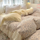 Shopmocho 1.5/1.8 Korean Style 100% Cotton Fitted Sheet Sets with Lace Flower Print Bedding Set for Seasons Home Bedclothes for Adult Kids