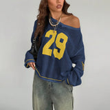 Shopmocho Y2K Style Sports Jersey Women's Knitted Tops Fashionable Digital Printed Round Neck Long Sleeve Jumper 2025 Summer Street Trend