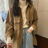 Shopmocho Women's Corduroy Jacket Autumn Winter Versatile Retro Hong Kong Style Mid-Length Shirt Top Trendy Ins Style Sleeveless Coat