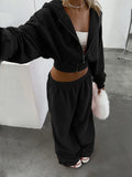 SHOPMOCHO Kliou Casual Sporty 2 Piece Set Woman Zip Cardigan Full Sleeve Hooded Crop Jacket+Elastic Waist Long Pants Daily Fashion Outfits
