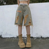 SHOPMOCHO Women Vintage Hole Denim Shorts Y2K Hip Hop High Street Jeans Shorts Bf Summer Baggy All Match Wide Leg Short Pants