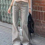 SHOPMOCHO Retro New Belt Design Pocket Gray Women Work Pants Fashionable High Street Harajuku Loose Straight Leg Floor Pants