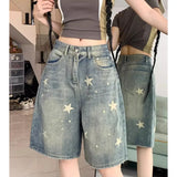 SHOPMOCHO Casual Floral Print Loose Wide Leg Womens Jeans New American Retro Star Design Straight Leg Comfort Stretch Soft Denim Shorts