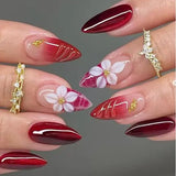 SHOPMOCHO 24PCS Simple Ins Dark Pink Blush 3D Flower Almond False Nails with Glue Leopard Print French Spice Girls Fake Nail Tips Press On
