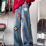 SHOPMOCHO Autumn Y2K Vintage Flower Embroidery Jeans For Men Hip Hop Fashion Baggy Denim Pants Women's Streetwear Blue Straight Jean