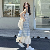 Shopmocho Women Plaid Fake Two Piece Suspender Dress Women Summer Retro Loose Long Dress