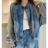 Shopmocho Harajuku Y2K Patchwork Denim Jacket Women O Neck Loose Casual Classic Coat Long Sleeve Single Breasted Rockabilly Baseball Jacke