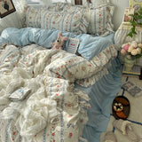SHOPMOCHO 3/4Pcs Korean Princess Style Floral Ruffles Bedding Set Skin-friendly Soft Duvet Cover Set Bed Sheet Or Bed Skirt Pillowcases