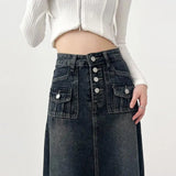 Shopmocho High-waisted Cargo Denim Skirt Women's Autumn Long A-line Mid-length Skirt  Retro Raw Edge Y2k Female Clothing Korean Style