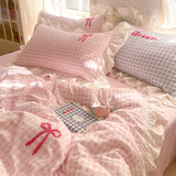 Shopmocho Korean Style Bedding Sets 2025 Pink Grid Bow Quilt Cover Romantic Bed Sheet Sets Woman Girls Bedroom Duvet Cover 4pcs