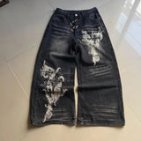 SHOPMOCHO American Vintage New Pattern Printing Black Baggy Jeans Men Y2K Gothic Harajuku Hip Hop Popular Casual Joker Wide-leg Pants
