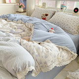 SHOPMOCHO Puple Flower Printed Duvet Cover with Lace Double-layered Yarn housse de couette 220x240 Single/Queen/King Size Comforter Cover