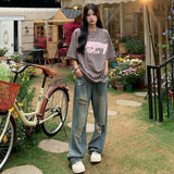 Shopmocho American Vintage Hole Y2k Women Jeans High Waist Jeans Wide Leg Baggy Loose Straight Hip Hop Streetwear Dragging Denim Pants