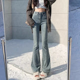 Shopmocho 2025 Woman High Waist Vintage Flare Jeans Female Gothic Elastic Bell Bottom Pants Lady Streetwear Blue Black Grey Denim Trousers