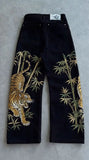 SHOPMOCHO Black Wide Leg Jeans Men Tiger Roar Bamboo Forest  Vintage Oriental Dragon Pants Hip Hop Streetwear Fashion Y2K Denim Trousers