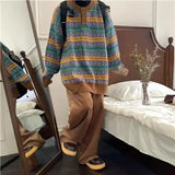 Shopmocho 2025 Autumn New Ethnic Style Knitted Sweater Vintage Round Neck Loose Fit Old Fashioned Feeling Pullover Sweater