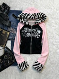 SHOPMOCHO Retro Y2K American Spice Girl Coat Leopard Print Powder Black Contrast Stitching Skull Letter printed Hooded Sweater
