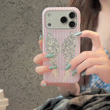 SHOPMOCHO Korean Cute Pink White Stripe Wings Phone Case For iPhone 17 Pro 16 15 Pro Max 17pro 16pro Fashion Shockproof Cover For Girls
