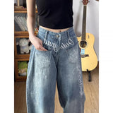 SHOPMOCHO Ladies Loose Fit Straight Leg Jeans Blue Washed Floral Letter Embroidery Unique Street Style American Casual Trousers