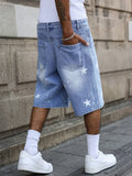 SHOPMOCHO Men's Blue Denim Shorts for Spring and Summer, with Stars Printed on the Legs, Are Stylish and Simple to Match