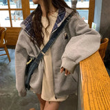 Shopmocho Brown Zip Up Hoodie Women 2025 Autumn Lattice stitching Long Sleeve Casual Oversized Sweatshirt Solid Jacket Women Clothing