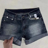 SHOPMOCHO Retro Roll Up Hem Deep Blue Denim Shorts Women Summer Sexy Low Rise Hip Covering Hot Pants American Distressed Washed Jean Short