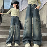 SHOPMOCHO Girls Cargo Jeans Kids Wide-legged Denim Pants Teenagers Fashion Streetwear Loose Trousers Children Casual Clothes 5-12Y