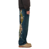 Shopmocho Harajuku Flower Woman Embroidery Baggy washed jeans Y2K Vintage 2000s streetwear American Gothic Pants Men Women wide leg pants